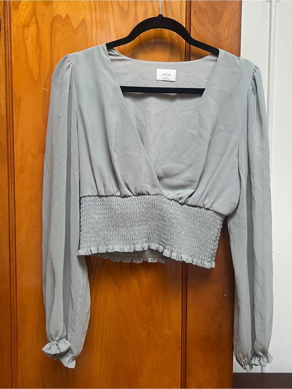 Wilfred Light Blue Smocked-Waist V-Neck Long Sleeve Blouse